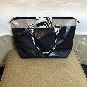 Tote bag, large vinyl, zipper closure zebra print 12” tall 19” wide